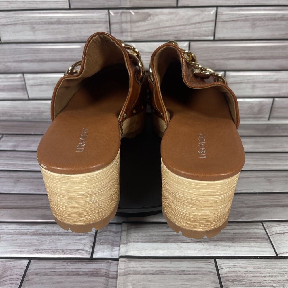 Lisa Vicky Brown Leather Mules with Gold Chain - Picture 5 of 10